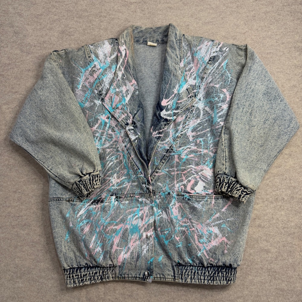 Vintage 80s Acid Wash Denim Jacket Hand Painted Pink Teal Glitter USA Large